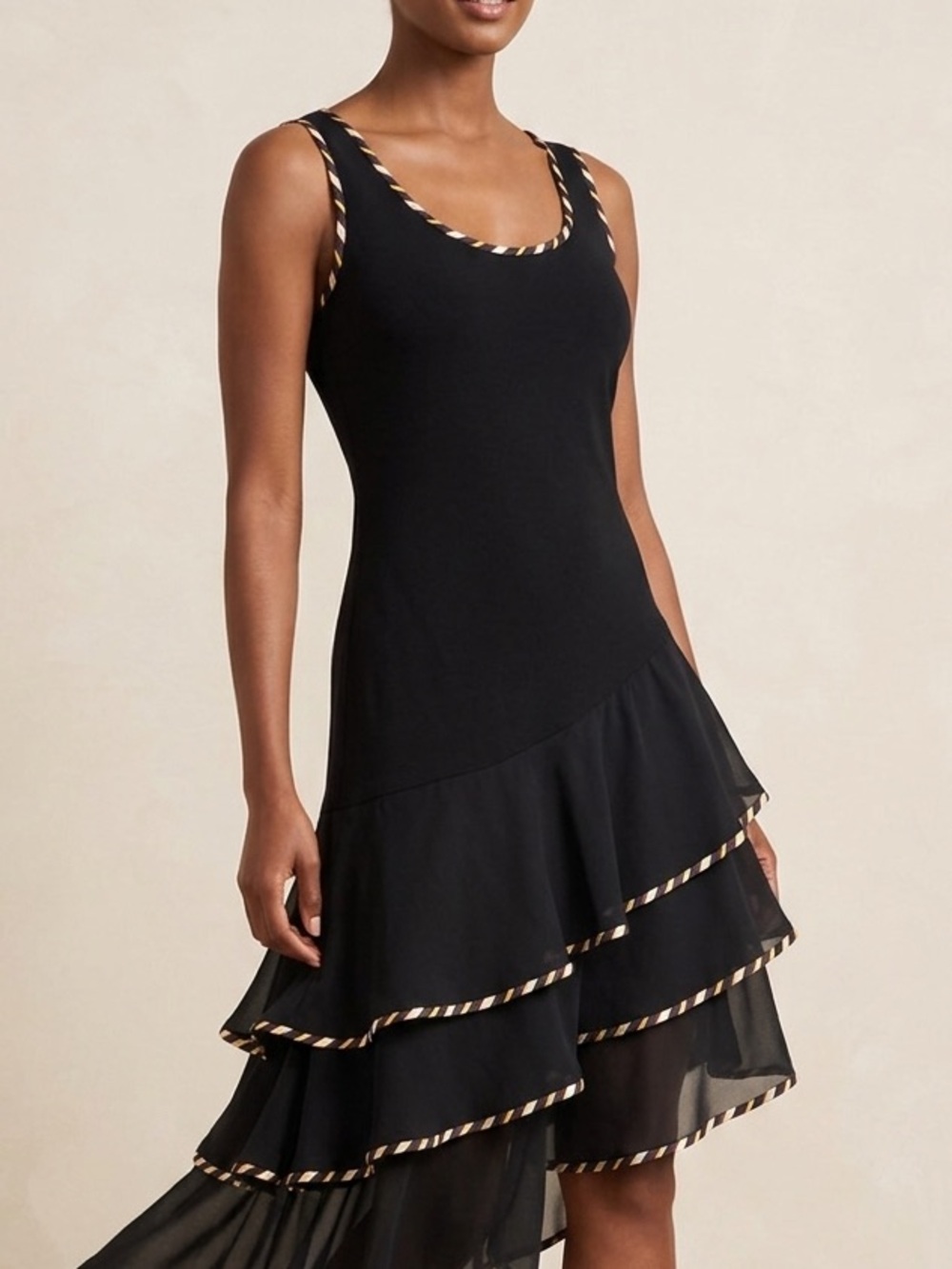 Black Sleeveless Midi Dress with Yellow-White Trim